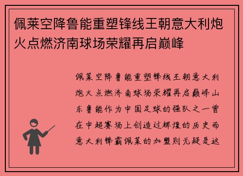 佩莱空降鲁能重塑锋线王朝意大利炮火点燃济南球场荣耀再启巅峰 佩莱空降鲁能重塑锋线王朝意大利炮火点燃济南球场荣耀再启巅峰